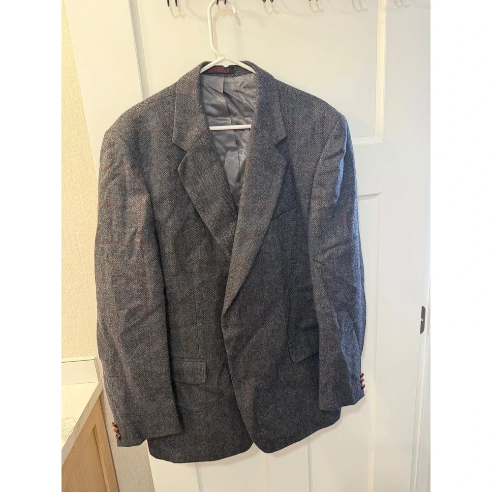Christopher Brooks Mens 44L Grey Herringbone‎ Wool Windowpane Sport Coat Blazer